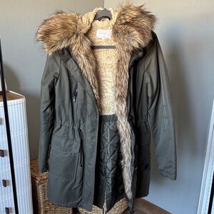 Olive Utility Jacket with Faux Fur Trim